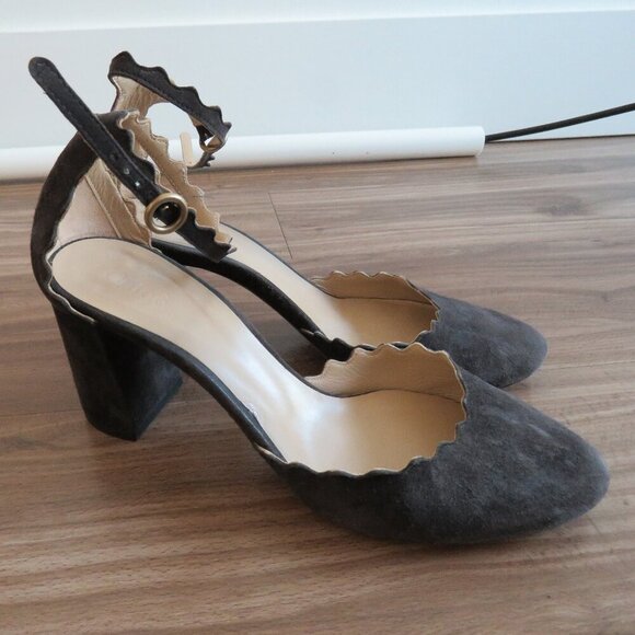 CHLOE Lauren Scalloped Ankle Strap Suede Block Heel Shoes Academia - Size US 7.5 - Picture 2 of 15